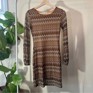 Velvet Torch Brown Multi Chevron Long Sleeve Mini Dress, Missoni Inspired, XS